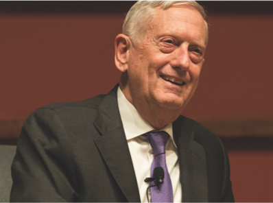 Distinguished Fellow Jim Mattis discussed his book Call Sign Chaos on November 14, 2019, in Hauck Auditorium